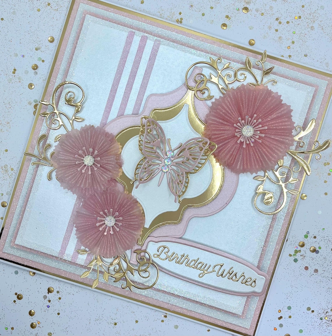 Boxed Handcrafted Bespoke Rose Pink and White Birthday Card With Gold ...