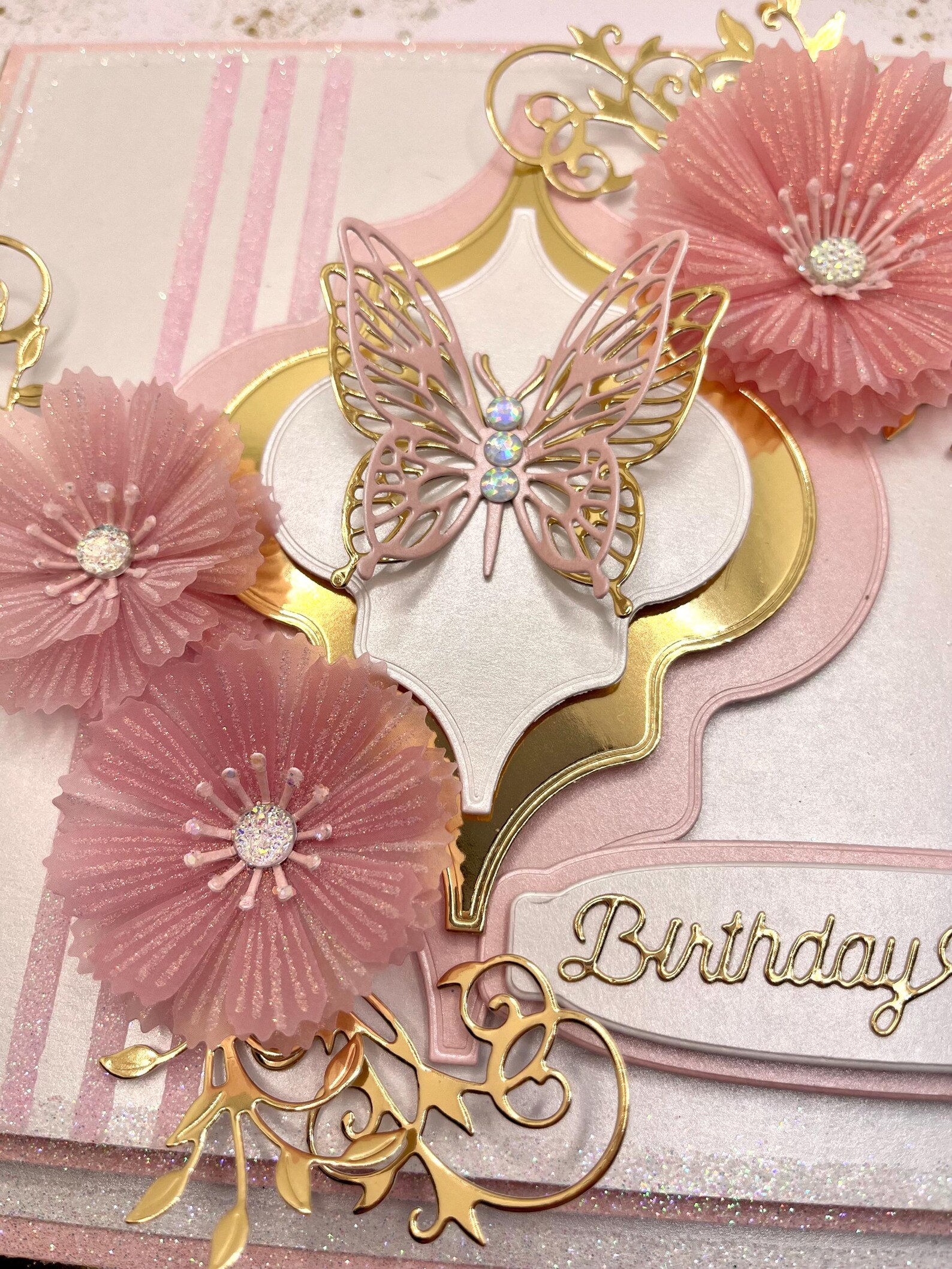 Boxed Handcrafted Bespoke Rose Pink and White Birthday Card With Gold ...