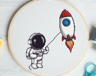 Astronaut with rocket #P1316 Embroidery Cross Stitch Pattern Download | Stitching | Cross Stitch Designs | Stitch Design | Cross Designs