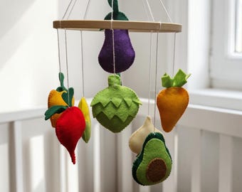 Vegetable mobile felt handmade, vegan baby mobile, veggie baby crib decor
