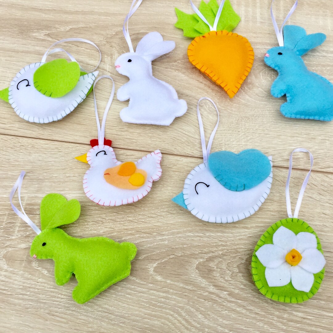 Spring Home Decor, Easter Decorations for Tree, Set of 8 Ornaments Felt