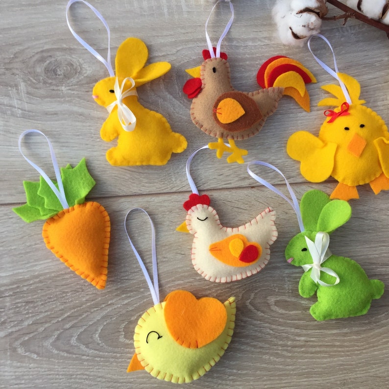 Spring home decor Easter decorations felt Easter tree ornaments handmade Set of 7 ornaments