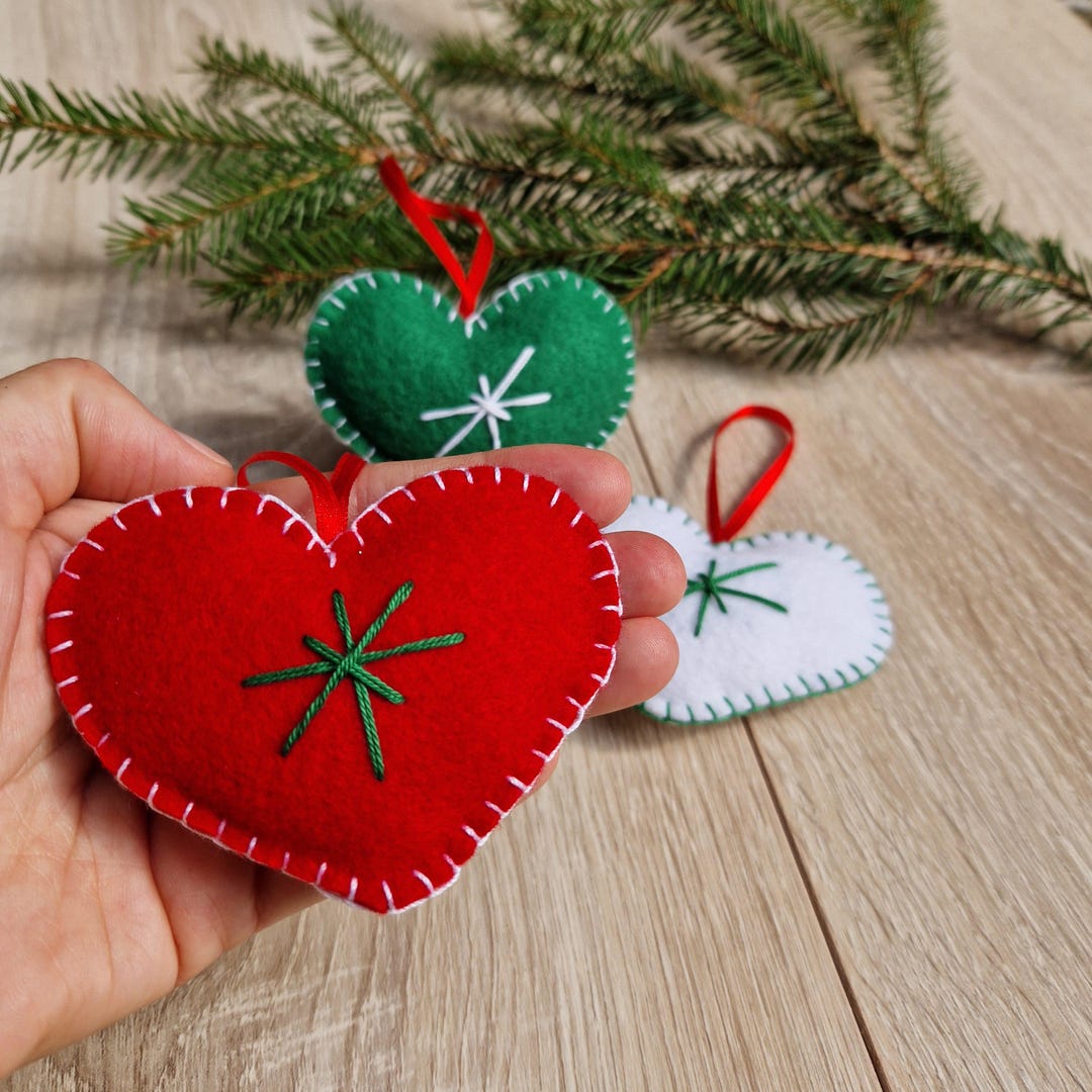 Embroidered Heart Ornaments - set of 3