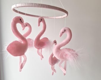 Felt Flamingo Baby Mobile, Pink Blush Crib Decor, Handmade Nursery Ornament