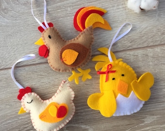 Felt Rooster Hen Chick Ornaments, Spring Easter Tree Decor
