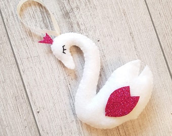 Handmade Felt Swan Ornament: Glitter Pink Nursery Decor