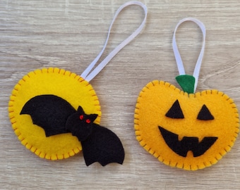 Halloween decorations, Felt Pumpkin ornament, Felt moon and bat