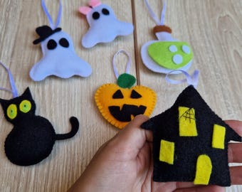Halloween Ornaments, pumpkin, black cat, ghost, spooky house