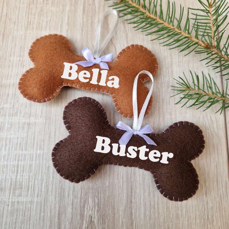 Pet Gift for Dog Owners, Custom Name Christmas Ornament, Felt Bone