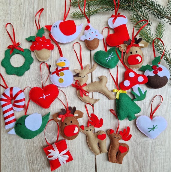 Handgemachte Filz Ornamente, Set von 20 Stück, Weihnachtsbaum Dekoration