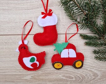 Felt Christmas ornaments set of 3, Christmas stocking ornament, Car ornament, hen ornament handmade, Tree decorations, Holiday decor