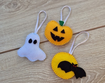 Handmade Felt Halloween Ornaments: Pumpkin, Ghost, Bat - Set of 3