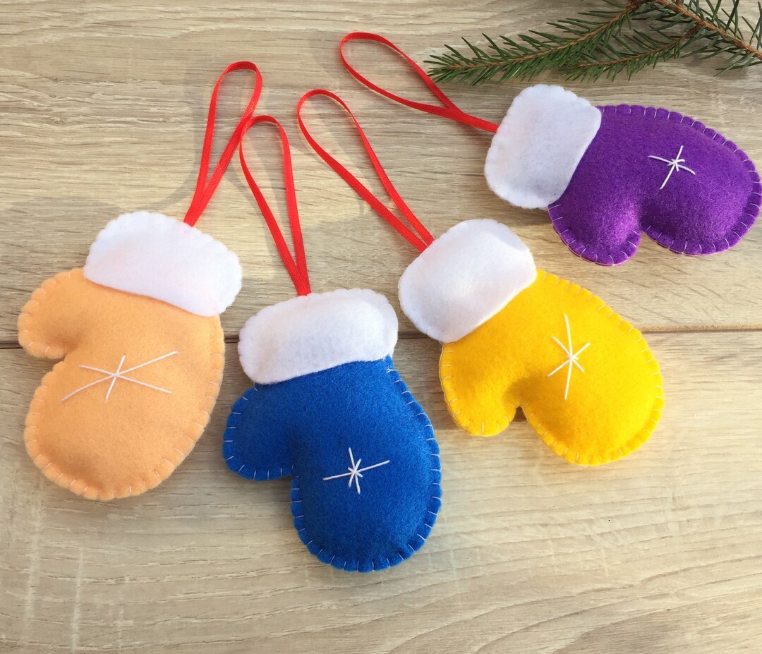 Felt Mitten Ornament Set of 4, Christmas Ornaments Handmade, Country