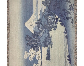 Japanese Hokusai Blanket, Blue And White Woven Cotton Blanket/Tapestry