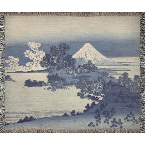 Japanese Hokusai Blanket, Blue and White Woven Cotton Blanket/Tapestry