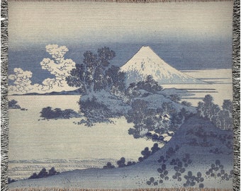 Japanese Hokusai Blanket, Blue and White Woven Cotton Blanket/Tapestry
