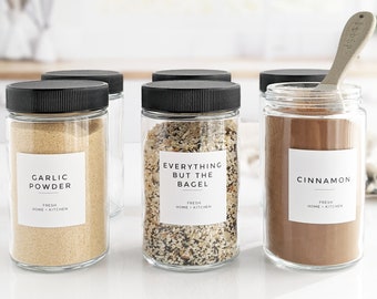 Set of 6 (10 oz) Black Lid Glass Spice Jars