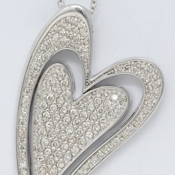 14k White Gold Round Dynamic double heart funky pavee set diamond pendant with filigree back (1.73 Ct, H, VS)