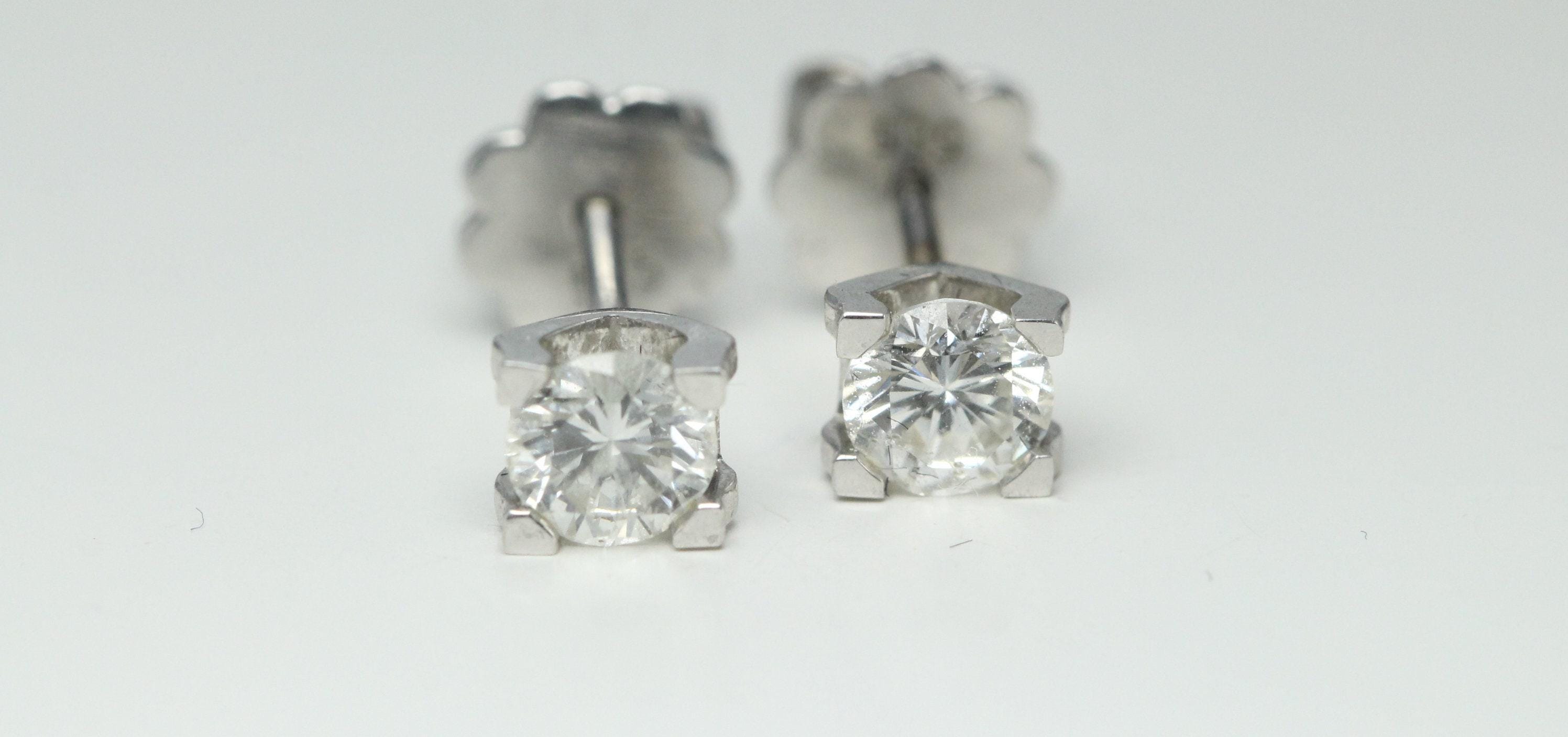 14k White Gold Round Cut Diamond Modern Crown Set Stud Earrings 1 