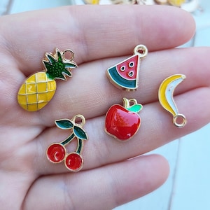 6pc Enamel Fruit Charms - Golden Enamel Charms - Fruit Pendants - Fruit Resin - Jewelry Findings