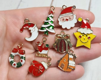 9pc Enamel Christmas Charms - Golden Enamel Charms - Christmas Pendants - Christmas Resin - Jewelry Findings
