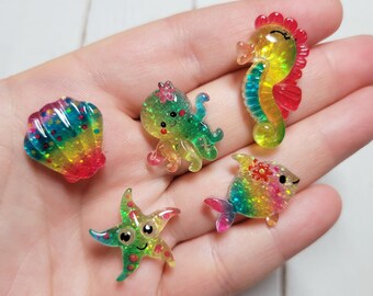 Assorted Rainbow Sealife Cabochons - Flatback Resin - Kawaii Cabochon - Starfish - Octopus - Fish Cabochons