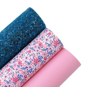 Pink and Navy Floral Bundle Set - Faux Leather Sheets - Synthetic Leather Sheets - Flower Faux Leather - Glitter Sheets