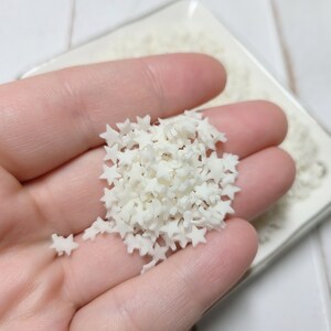 May include: A small white bowl filled with white star-shaped sprinkles. The sprinkles are small and delicate, perfect for decorating cakes, cupcakes, or cookies.