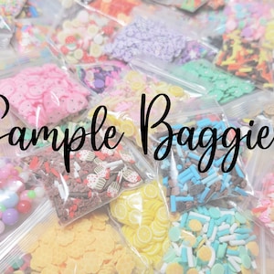May include: Assortment of small plastic bags filled with colorful sprinkles, beads, and other decorative elements. The bags are labeled "Sample Baggies".