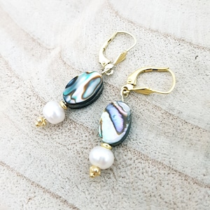 Pink oval mother of pearl earrings/white pearl