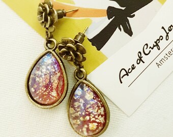 Sparkly retro/vintage style cherry red glass teardrop earrings with bronze colored roses