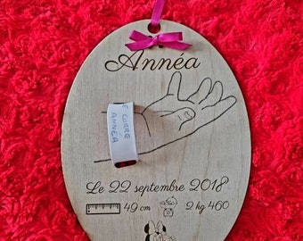 Personalized birth bracelet holder with first name, date, time, weight, height. Child souvenir, birth gift