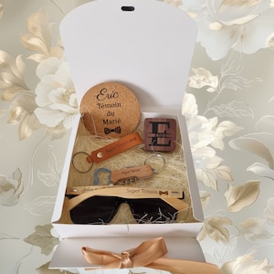 Gift box to compose and personalize for male witness, groom, proposal gift for best man. Various possible boxes