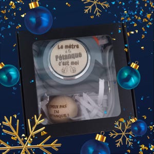 Coffret cadeau mètre et cochonnet personnalisé. Idée cadeau homme, papa,papy, tonton, parrain. Cadeau original pour Noël, anniversaire, fête