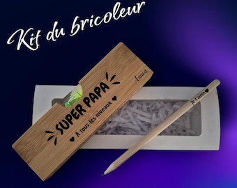 Handyman's kit consisting of a spirit level, bottle opener, and a customizable wooden pencil. Gift for men, dads, or grandpas.