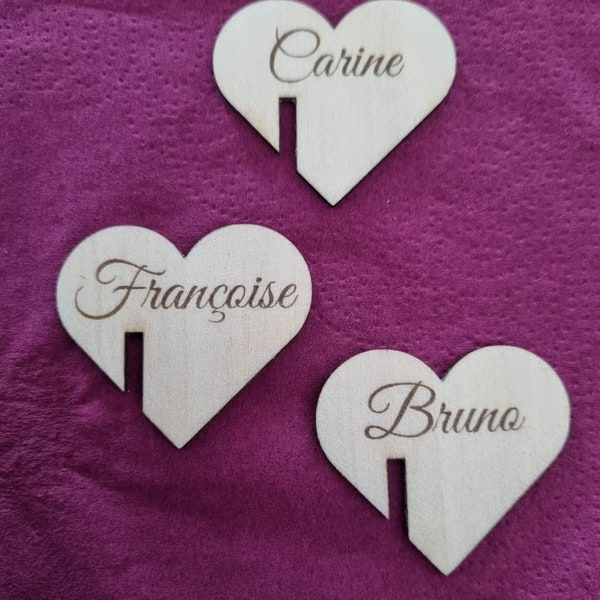 Marque place pour verre prénom e en bois personnalisés en forme de cœur pour mariage, baptême, anniversaire, déco de table, fête