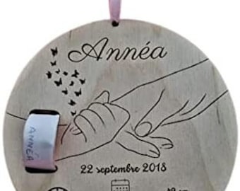 Personalized birth bracelet holder with first name, date, time, weight, height. Child souvenir, birth gift
