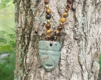 One of a kind Ecuadorian Jade carved mask, bronze, and tiger eye necklace (adjustable macrame)