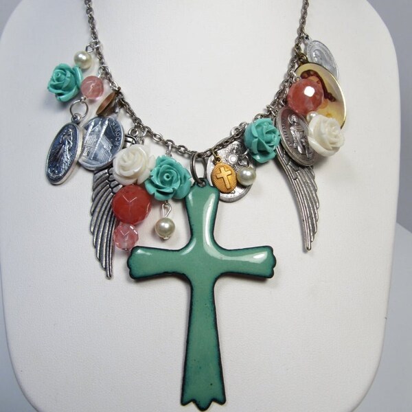 Religious Green Teal Turquoise Enamel Cross & Pink Aluminum Medals Cross Handmade Charm Necklace