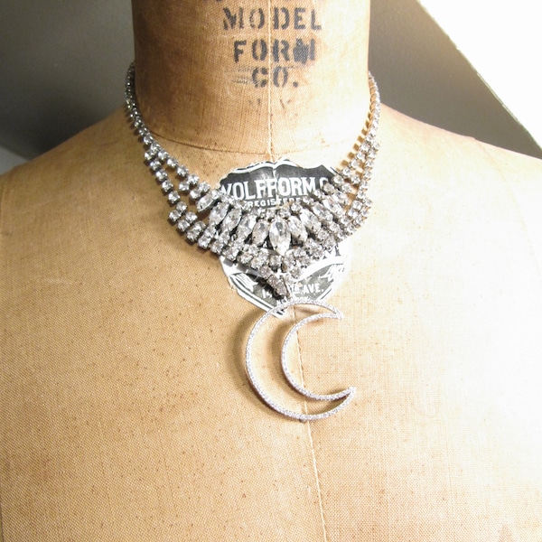 Handmade Assemblage Rhinestone Choker w Open Crescent Moon Necklace - Hollywood Moon