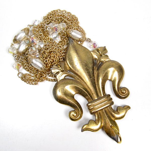 Hecho a mano Vintage Declaración Collar Latón Fleur De Lis Crystal & Pearl Chain - Iconic