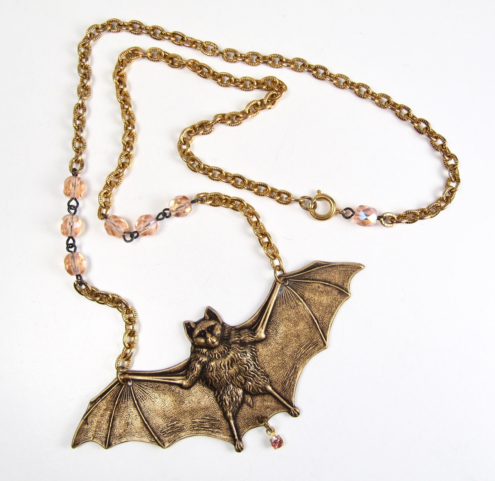 Handmade Large Golden Bat Necklace Pink Czech Beads & Gold Etsy