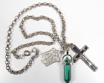 Handgemaakte Vintage religieuze charme cluster verzilverde medailles Malachiet punt