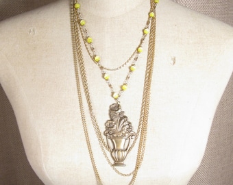 Gouden multiketting gele maan gloed kraal messing bloem urn ketting handgemaakt