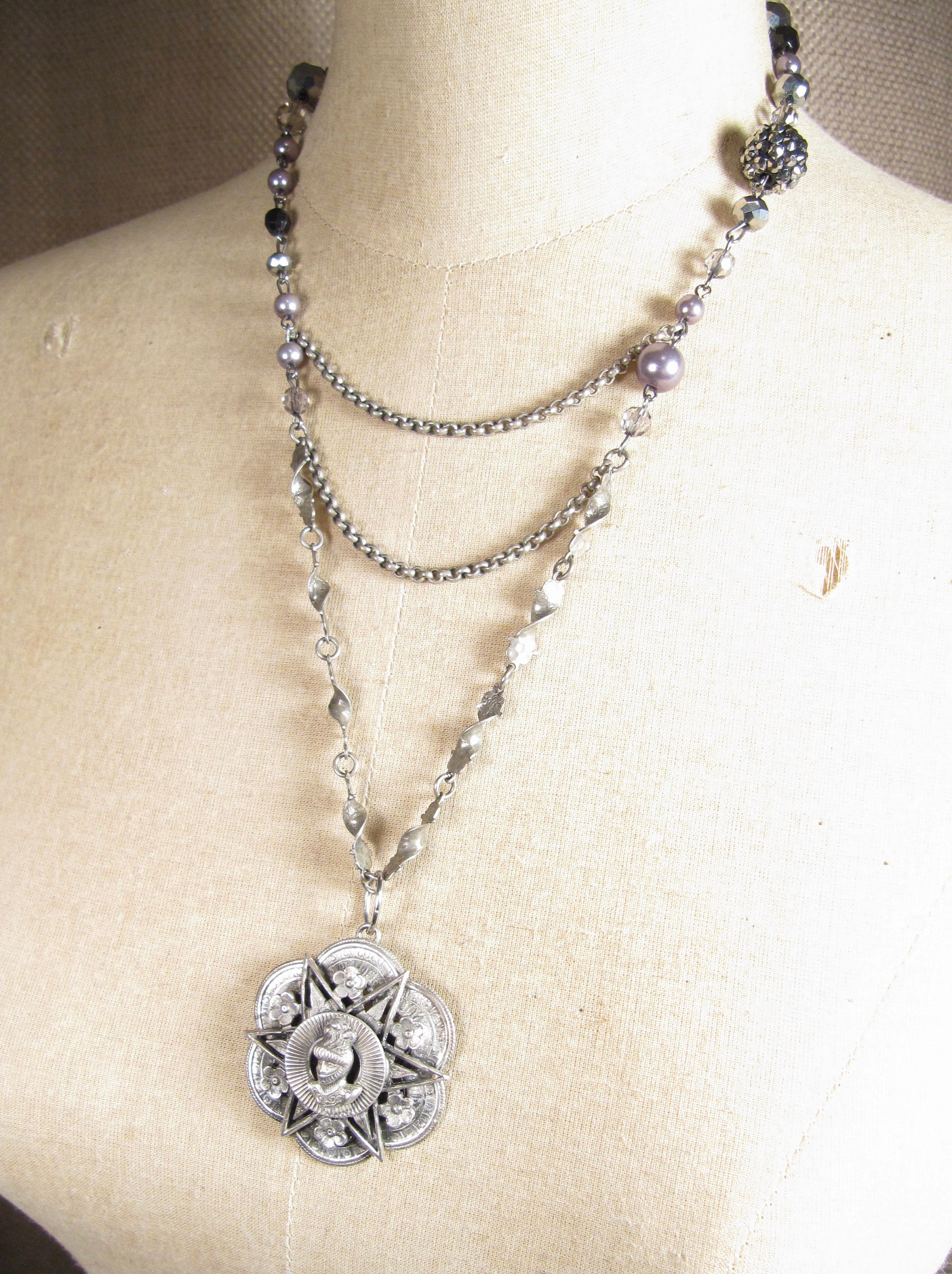 Handmade Gunmetal Gray Bead Knight Necklace Vintage Pendant Etsy