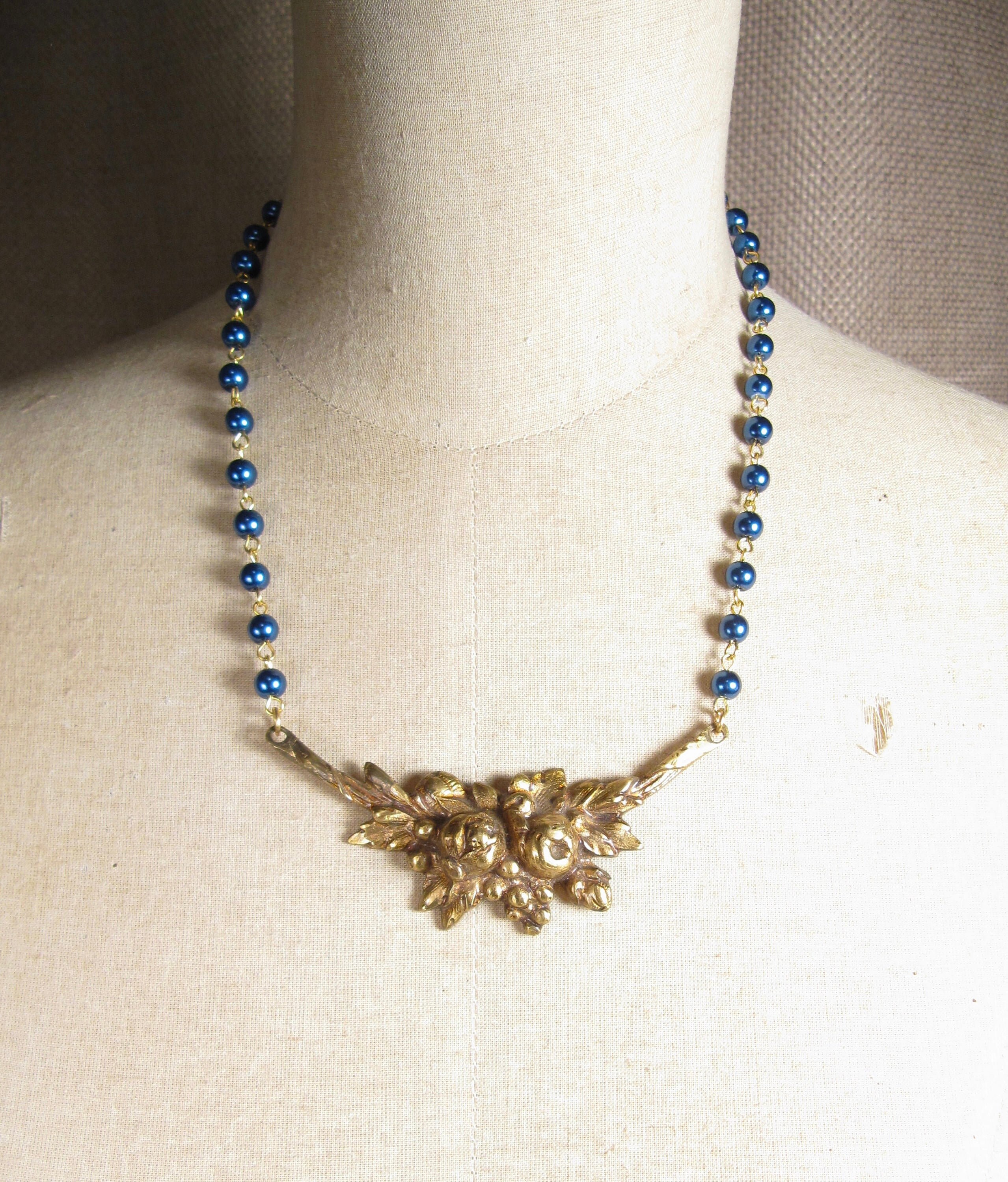 Handmade Vintage Bronze Flower Swag Necklace Navy Blue Bead Etsy