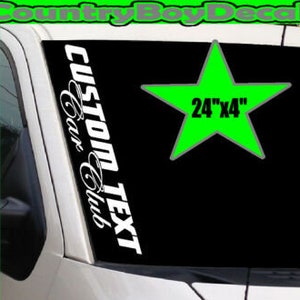 May include: White vinyl decal with the text "CUSTOM TEXT Car Club" in a black and white font. The decal is 24 inches by 4 inches and is shown on a black car windshield. The decal is die-cut and can be customized with a hashtag upon request.