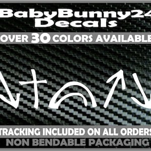 May include: White vinyl decal with arrows pointing up and down, a cross, and a curved line. The decal is on a black and white carbon fiber background. The text "BabyBunny24 Decals" and "OVER 30 COLORS AVAILABLE" is at the top of the image. The text "TRACKING INCLUDED ON ALL ORDERS!" and "NON BENDABLE PACKAGING" is at the bottom of the image.