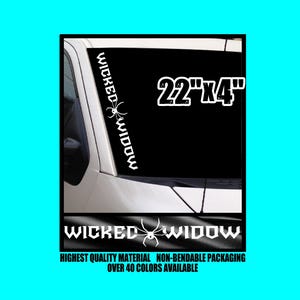 WICKED WIDOW Vinyl Decal 22&quot;x4&quot; Window Sticker Diesel Truck Turbo Vertical Pillar Windshield Lifted Country Spider Spyder Black Money Boost