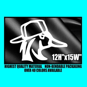 May include: A black and white illustration of a cartoon character wearing a hat. The text "12H"x15W" is below the character. The text "HIGHEST QUALITY MATERIAL NON-BENDABLE PACKAGING OVER 40 COLORS AVAILABLE" is below the illustration.
